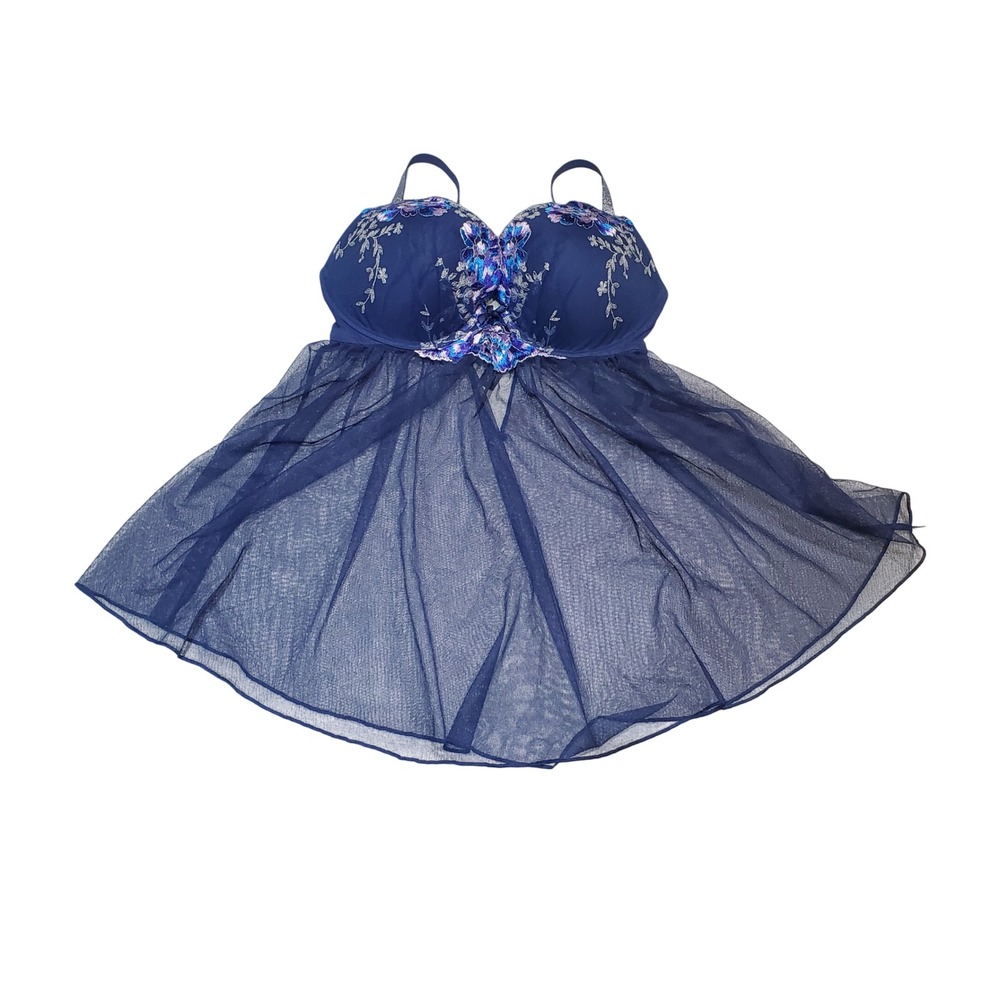 Victoria's Secret Navy‎ Blue Floral Embroidered Babydoll Cami Top Y2K 36D